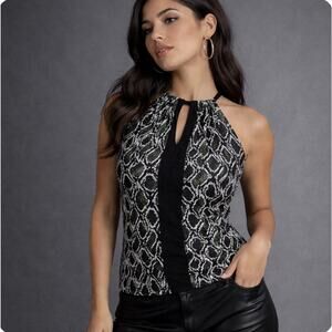 NWT Michael Kors Chiffon panel combo halter top Sz L Green Black Animal print